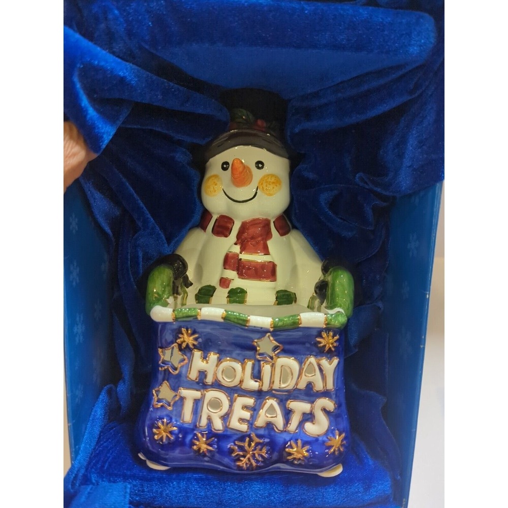 Vtg. Christmas Dazzle Ceramic Candy Dish 24KT. Gold Accents 8.5x6x5" Orig. Box